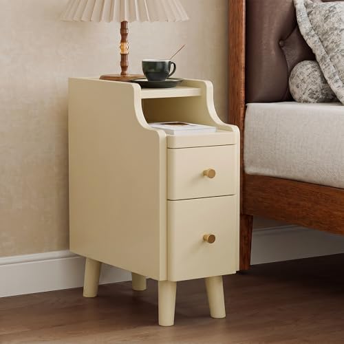 Image of Nightstand, Pre-Assembled, 19.7 inchH Solid Wood Narrow Night Stand with 2 Drawers, Open Sliding Shelf, Mid Century Modern Small Bedside Table for Bedroom, Cream 8 inch
