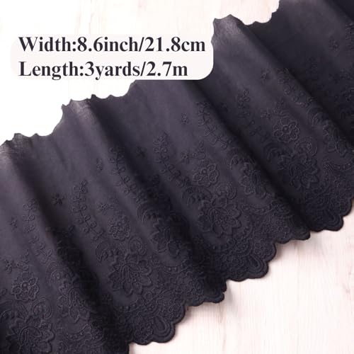 Black Cotton Lace Trim Wide 8.6inch Lace Fabric Trim Floral Embellishments Scalloped for Sewing Dresses Baby Clothing Home Decoration - Thumbnail 2