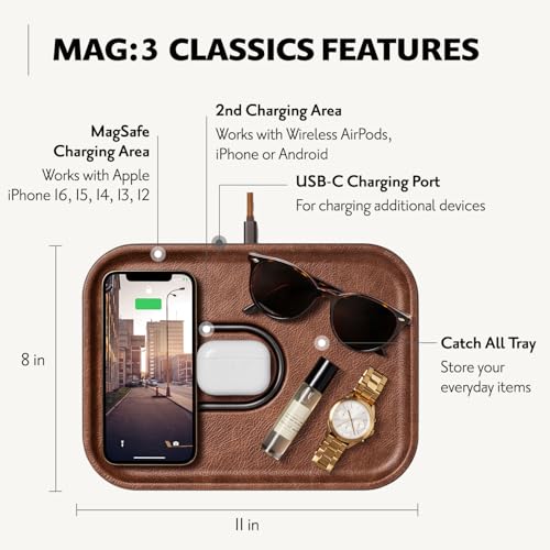 COURANT MAG:3 Classics Charger and Tray - Italian Leather, Multi-Device Charger Compatible with MagSafe iPhones 16, 15, 14, 13, 12 or Wireless AirPod Cases (Saddle)