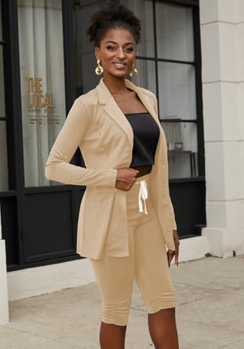 Women's 2 Piece Blazer Sets Open Front Long Sleeve Blazers Jacket Capri Pants Shorts Suit Business Casual Outfits3