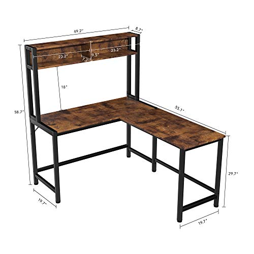 L-Shaped Desk with Hutch, 55 Inch Corner Computer Desk Gaming Table Workstation with Storage Shelves Bookshelf, Study Writing Space Saving Desk for Home Office (Rustic)