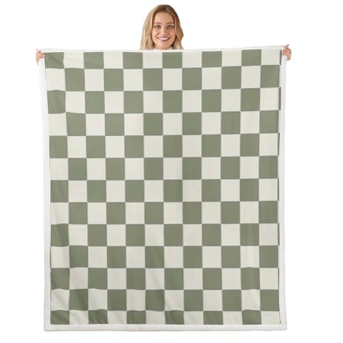 Image of Erosebridal Plaid Throw Blanket 40 inchX50 inch Beige Sage Green Checkerboard Sherpa Blanket Geometric Checkered Fleece Bed Blanket for Kids Boys Girls, Aesthetic Grid Flannel Blanket