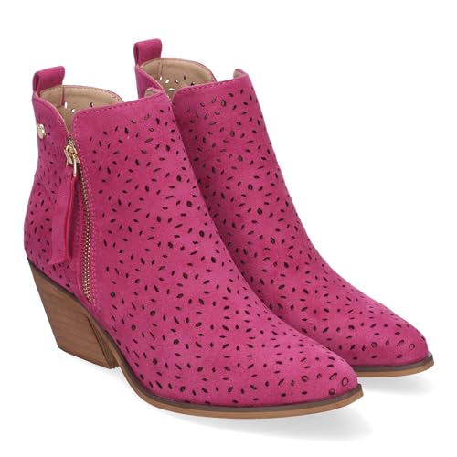 83834 Botines de Tacon Campero para Mujer Primavera Verano Elegantes y Comodos, Diseno Perforado con Doble Cremallera Lateral con Fleco, Ideal para Cualquier Ocasion. Fucsia Talla 40