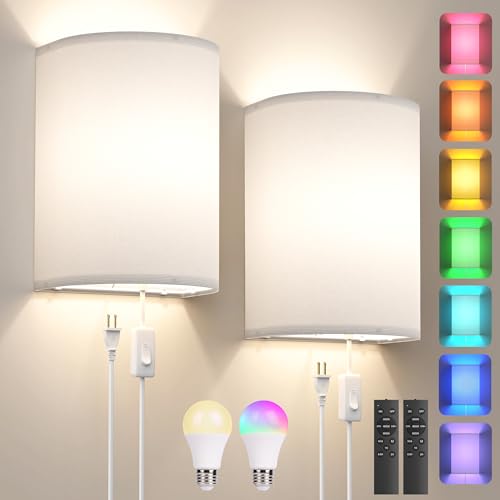 Image of Plug in Wall Sconces Set of Two: Wall Lights with 7 RGB Colors - 3 Color Temperature Wall Mount Lamps with Remote - Fabric Linen Wall Sconc for Bedroom Living Room & Hallway- Indoor Corded Wall Sconce