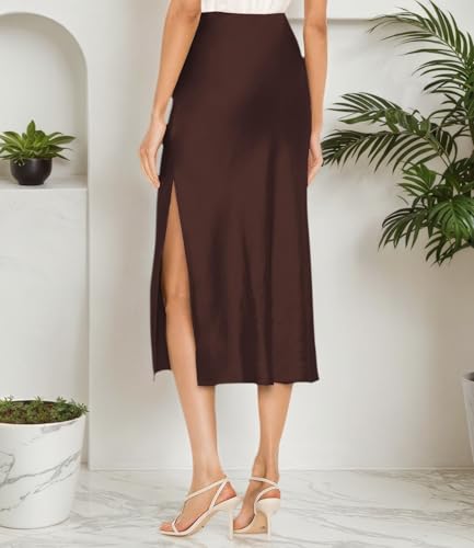 Image of Amy Babe Womens Satin Silk High Waist Slit Midi Skirt Long Skirts for Women | Elastic Waistband, Side Split, Midi Length, Below the Knee, Silky Fabric, Elegant, Fall Winter Outfits