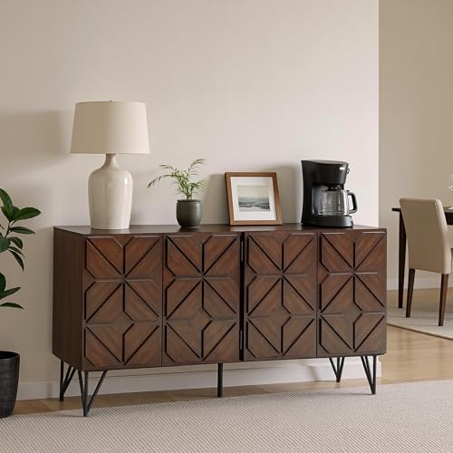 AMERLIFE 63" Acacia Wood Sideboard Buffet with Hand-Carved Geometric Doors, Console Cabinet with Adjustable Shelves for Kitchen/Living Room/Entryway, Dark Walnut