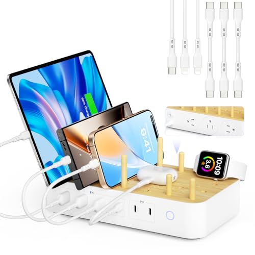 VisionSync Bamboo USB-C Charging Station for Multiple Devices,60W 6 Port Charing Dock with 3 AC Outlets, 3 USB C, 3 USB A,6.6ft Power Cord for lPhone,lPad,Tablets (6 Mixed Cables Included),White