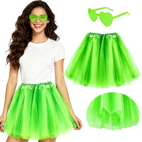 PLULON Fluorescent Green Tutu 5 Layers Skirt for Women Adults with Heart Sunglasses Neon Tutus Puffy Fairy Tulle Skirt for St. Patricks Day Birthday Bachelorette Party Music Festivals Running