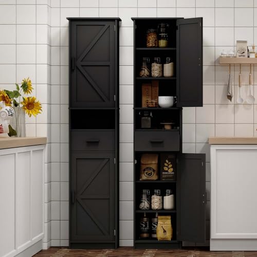 Image of Zentrava 69" Tall Bathroom Storage Cabinet with 2 Barn Doors and 1 Drawer, Narrow Floor to Head Cabinet with Adjustable Shelves, Suitable for Bathrooms, Living Rooms, and Kitchens (Black)