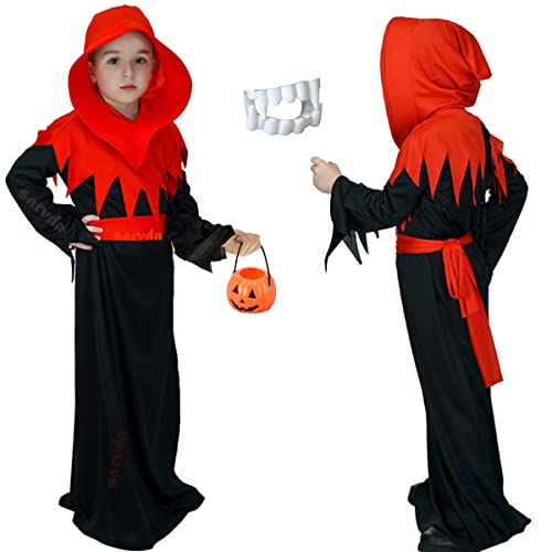 Image of Sarvda Hosiery, Velvet, And Satin Halloween Costume|Halloween Dress For Boys|Witch Costume For Girls (6-7 Years, Vampire Hood (Dress, Pumpkin, Teth)), Multicolor