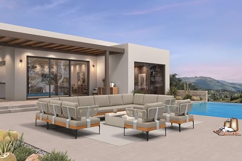 Image of PURPLE LEAF Patio Furniture Set Outdoor Conversation Sets with Fade-Resistant Cushions and Coffee Table 12 Pieces Aluminum Modern Wicker Sofa Chairs for Balcony Yard Garden, Taupe