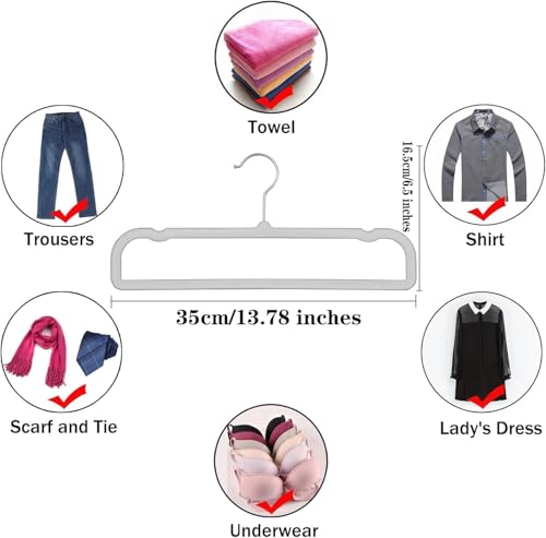 Image of 20 Pack Velvet Pants Hangers for Closet Space Saving, Thin Hanger (Grey) | 35cm(L) Heavy Duty Flocked Trouser Hangers, Durable, Clothes Hanger with Silver Swivel Hook, Jean Hangers for Women and Men