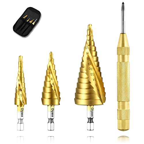 Oiyass HSS Stufenbohrer Set,4-tlg Titanbeschichtet Schälbohrersatz,Mit automatischer Zentrierkörner, Step Drill Bit,1/4" Sechskantschaftbohrer, für Kunststoff, Holz, Metall Cover