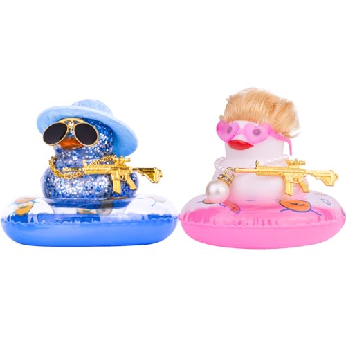 CoFuBcad 2Pcs Car Rubber Duck Dashboard Decoration Colorful Duck Car Ornaments with Special Props Mini Swim Ring Sunglasses Cowboy or Sun Hat