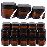 Mardatt 15 tarros redondos de vidrio ámbar, tarros Mason de 1/1.7/2 onzas, recipientes de cosméticos ámbar con cucharas y tapas negras, tarros de vidrio para almacenar loción de labios y crema