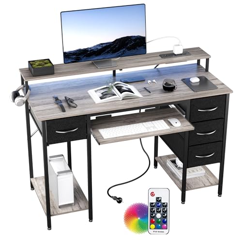 BEXEVUE Gaming Schreibtisch mit Steckdosen LED - 120x50 cm Moderner Computertisch mit Tastaturablage, 4 Umkehrbare Schubladen, Großes Lagerregal zum Lernen Spielen Arbeiten Schlafzimmer Heimbüro, Grey