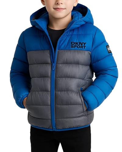 DKNY Boys Puffer Jacket - Midweight Insulated Wind Water Resistant Hooded Puffer Winter Coat - Quilted Winter Jacket for Boys, Size 7, DUSTY BLUE/STEEL GREY