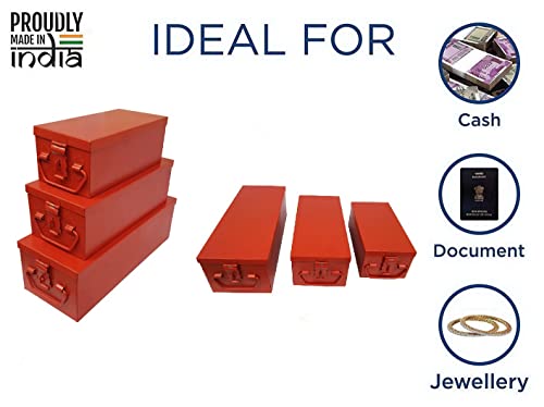 Image of JOWEL Stainless Steel Locker Safe Box /Jewel /Cash Peti /Storage Container Set (8 inch, 10 inch, 12 inch, Pack of 3, Color-coated) (Red)