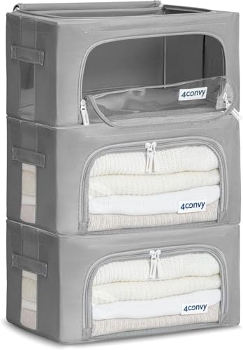 Image of 4CONVY Foldable Clothes Storage Boxes with Steel Frame - Stackable Storage Bags with Zipper - Collapsible Wardrobe Organiser for Clothes, Bedding with Clear Window & Durable Handles - 3x24L
