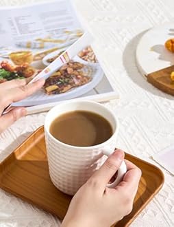 Ceramic Coffee Mugs Set of 4, 14oz White Coffee Cups with Embossed Grid Texture, Modern Minimalist Coffee Mug for Latte Cappuccino Tea Cocoa, Dishwasher & Microwave Safe, Ideal Housewarming Gift