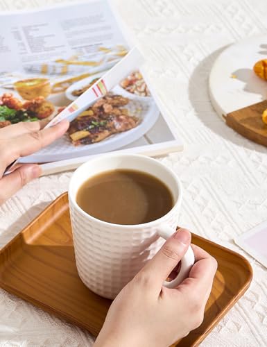 Ceramic Coffee Mugs Set of 4, 14oz White Coffee Cups with Embossed Grid Texture, Modern Minimalist Coffee Mug for Latte Cappuccino Tea Cocoa, Dishwasher & Microwave Safe, Ideal Housewarming Gift