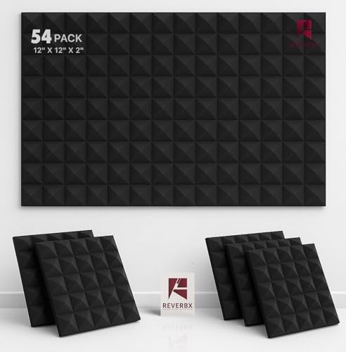 Image of Pyramid Acoustic Foam Panels (Pack of 54) - Compressed Packing - 12 inch X 12 inch X 2 inch, 38 Density | Acoustical Soundproofing for Studio, Theater etc | Echo & Reverb Absorption (Charcoal Black)