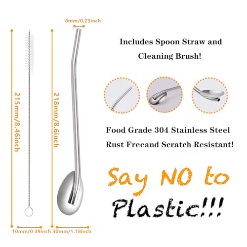 8Pcs Stainless Steel Straws Spoons, Reusable Metall Straws Spoon with 2 Cleaning Brushes,2 in 1 Snow Cone Straws Drinking Reusable Stainless Steel Ice Tea Long Spoons Straws for Cocktail Milkshake (4) - Image 3
