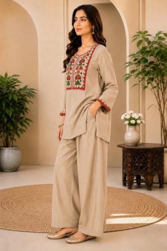 Image of Women's Embroidered Kurta Palazzo Set | Ethnic Co-Ord Set with Printed Design | Casual Traditional Outfit.