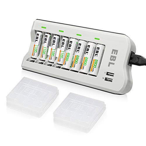 EBL 808U Cargador de AA AAA Baterías con AA 2800mAh (4 Unidades) y AAA 1100mAh (4 Unidades) Ni-MH...