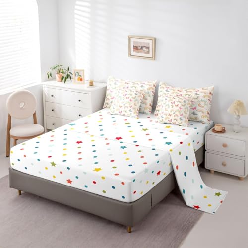 Image of Cartoon Butterflies 7 Pieces Bedding Set Queen Size,Kids Cute Rainbow Bed in a Bag,Kawaii Wildlife Bed Set Includes Comforter,Sheet Set,Pillowcases & Pillow Covers,Flying Butterfly Bedroom Decor