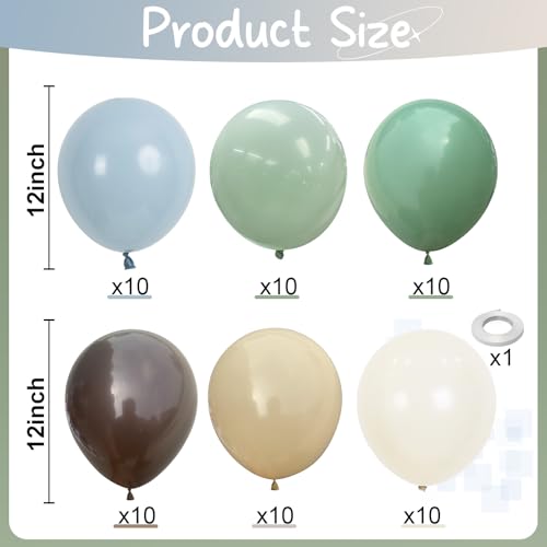 Image of Sage Green Blue Brown Balloons, 60PCS Dinosaur Safari Dusty Blue Olive Green Coffee Beige Eucalyptus Latex Balloon Jungle Hunting Balloons for Woodland Dino Boho Baby Shower Birthday Party Decorations