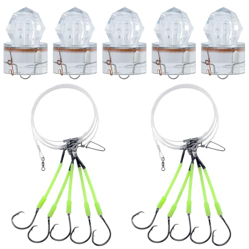 Dr.Fish 5 Pack LED Deep Drop Light White with 2 Pack Deep Drop Rig 6ft