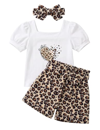 Image of Arshiner Toddler Girls 3 Piece Outfit Set Puff Sleeve Square Neck Top with Shorts and Matching Headband Summer Clothes 2T-8Y
