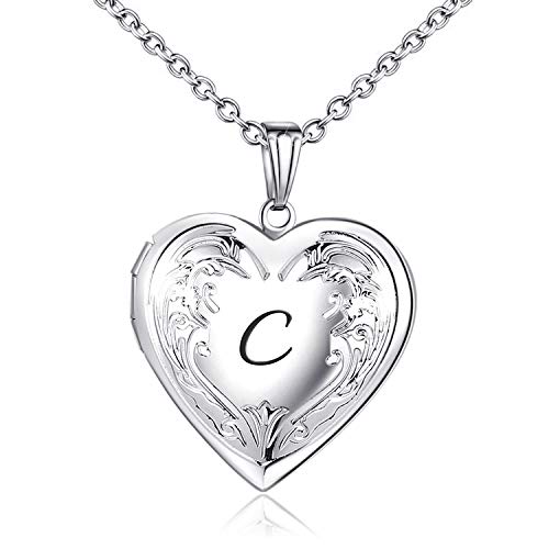 Locket Necklace that Holds Pictures Initial Alphabet A-Z Letter Pendant Necklace Platinum Plated Gifts for Women (C)