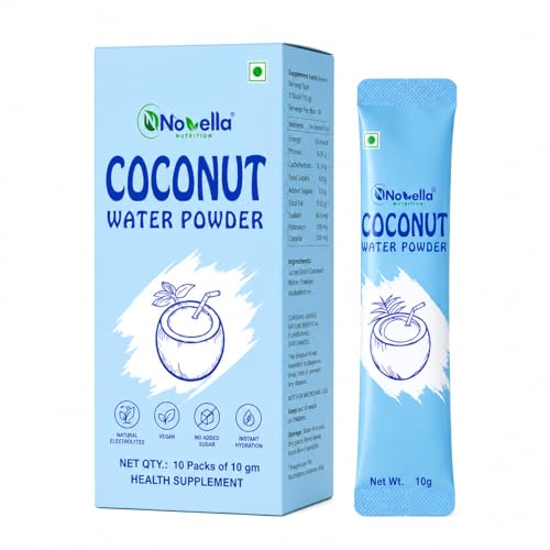 Novella NutritionTender Coconut Water Powder mix – Pack of 20 Sachets(200 gm) with Natural Electrolytes for hydration & Instant Energy- Healthy Glowing Skin - Instant Nariyal Pani -No Added sugar ,Flavour or preservative.