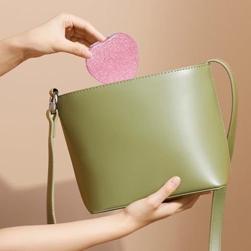 Colexy Rosa Herzform Taschenspiegel, Tragbarer Taschen Spiegel, Glänzend Taschenspiegel Mädchen, Doppelseitig Schminkspiegel mit 2X Vergrößerung, Handspiegel Klein Perfekt für Make-up und Reisen
