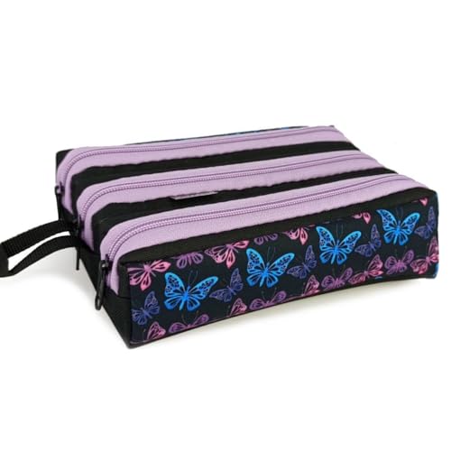 Estojo Escolar Infantil 3 Divisórias Colorido Organizador Bolsinha de Lápis Menina Menino (BORBOLETA-PRETO-ROXO)