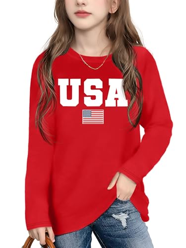 Image of Ithalt 4th of July Outfit Kids Girls American T Shirt USA T-Shirt Fourth of July Tops Patriotic Long Sleeve Tops
