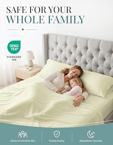 Image of LANE LINEN Cotton Queen Sheet Set - 450TC Premium Long-Staple Sateen, Ivory | Soft & Breathable Queen Bed Sheets - Cooling, Silky Smooth, 15 Inch Deep Pocket, OEKO-TEX Certified