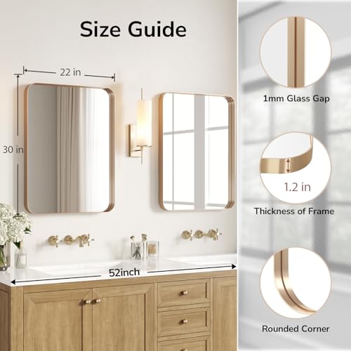 Image of USHOWER Gold Bathroom Mirror 22 inchx30 inch, Brushed Champagne Gold Rectangle Mirror for Over Sink, Aluminum Frame, Anti-Rust, Tempered Glass, Horizontal or Vertical Mounted