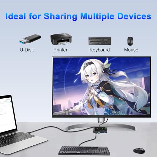 Image of USB Switch, USB Switcher 2 Computers, USB 3.0 Switch Sharing 4 USB Devices KVM Switcher Box for PC, Printer, Scanner, Mouse, Keyboard with 2 Pack USB Cable, Compatible with Mac /Windows /Linux