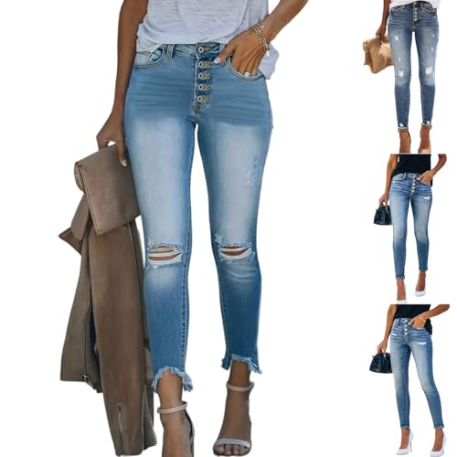 Capri Jeans for Women Stretch High Waisted Distressed Denim Capris Ripped Skinny Cropped Pants with Pockets Summer Straight Leg Capri Pants