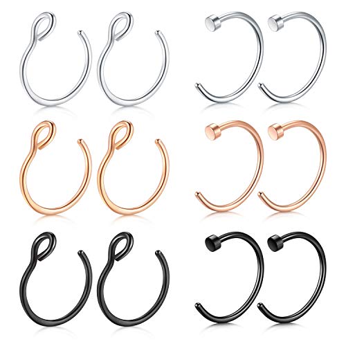 Mayhoop 12Stk 20G 8mm Nasenpiercings Fake Nasenring Silber/Rosegodl/Schwarz Edelstahl Fake Piercings Nase Face Piercing Nase Lippe Ohr Ring Hoop für Männer Damen Cover