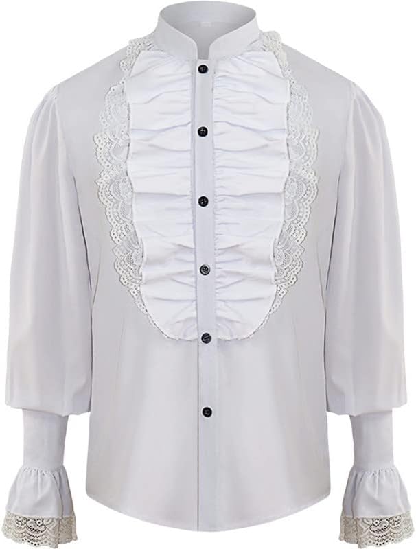 Men's Medieval Renaissance Pirate Shirt Victorian Steampunk Ruffled Costume Tops & Lace-up Trouser Outfits
