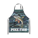 Erosebridal Pike Fish Apron 31x26, Camo Wooden Plank Printed Kids Boys Chef Apron, Bass Fish Vintage Waterproof Kitchen Apron For Baking Gardening, Black Green Animals Adjustable Cooking Apron
