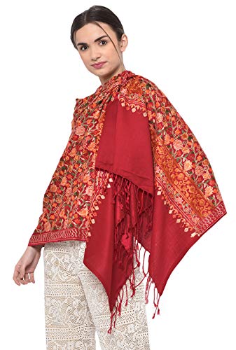 Weavers Villa Estolas tejidas de cachemir Aari bordadas de cachemir para mujer, chales -SH-113, Granate