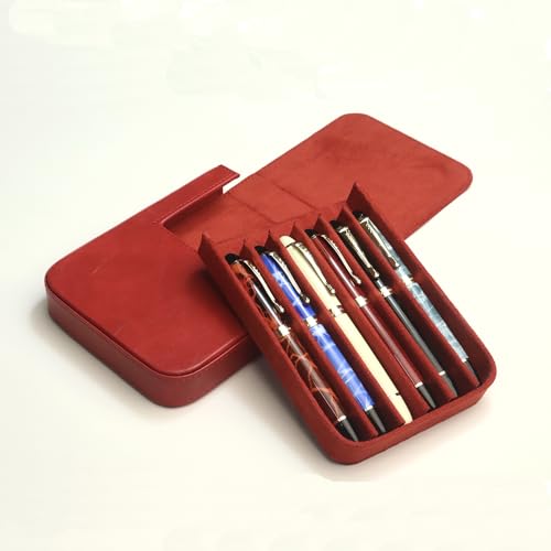Image of 6Slots Leather Fountain Pen Case Collector Organizer - Handmade Pen Case Vintage Crazy Horse Print Leather Pen Protective Sleeve Cover Pen Storage Gift Box (6slot-Red)
