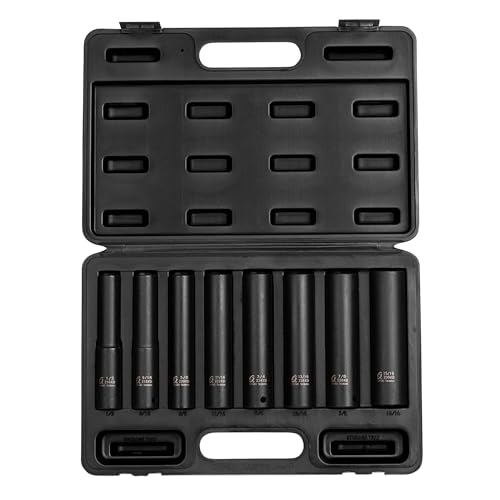 SUNEX TOOLS 2848 1/2 Inch Drive Impact Socket Set Extra Long Deep 8-Piece SAE 1/2-15/16 Cr-Mo Alloy Steel Radius Corner Design Dual Size Markings Heavy Duty Storage Case