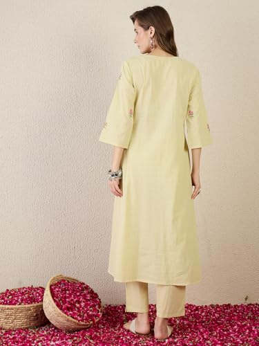 Image of INDO ERA Women's Pure Cotton Floral Embroidered A-Line Kurta & Pant Set (IESTR11298)