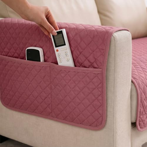 Image of STITCHNEST 'Airsoft Range Series' Solid Quilted Velvet Sofa Cover for 1 Seater | Premium Soft Velvet Sofa Protector | Peach Diamond Quilted Design with Armrest Pockets | Furniture Cover
